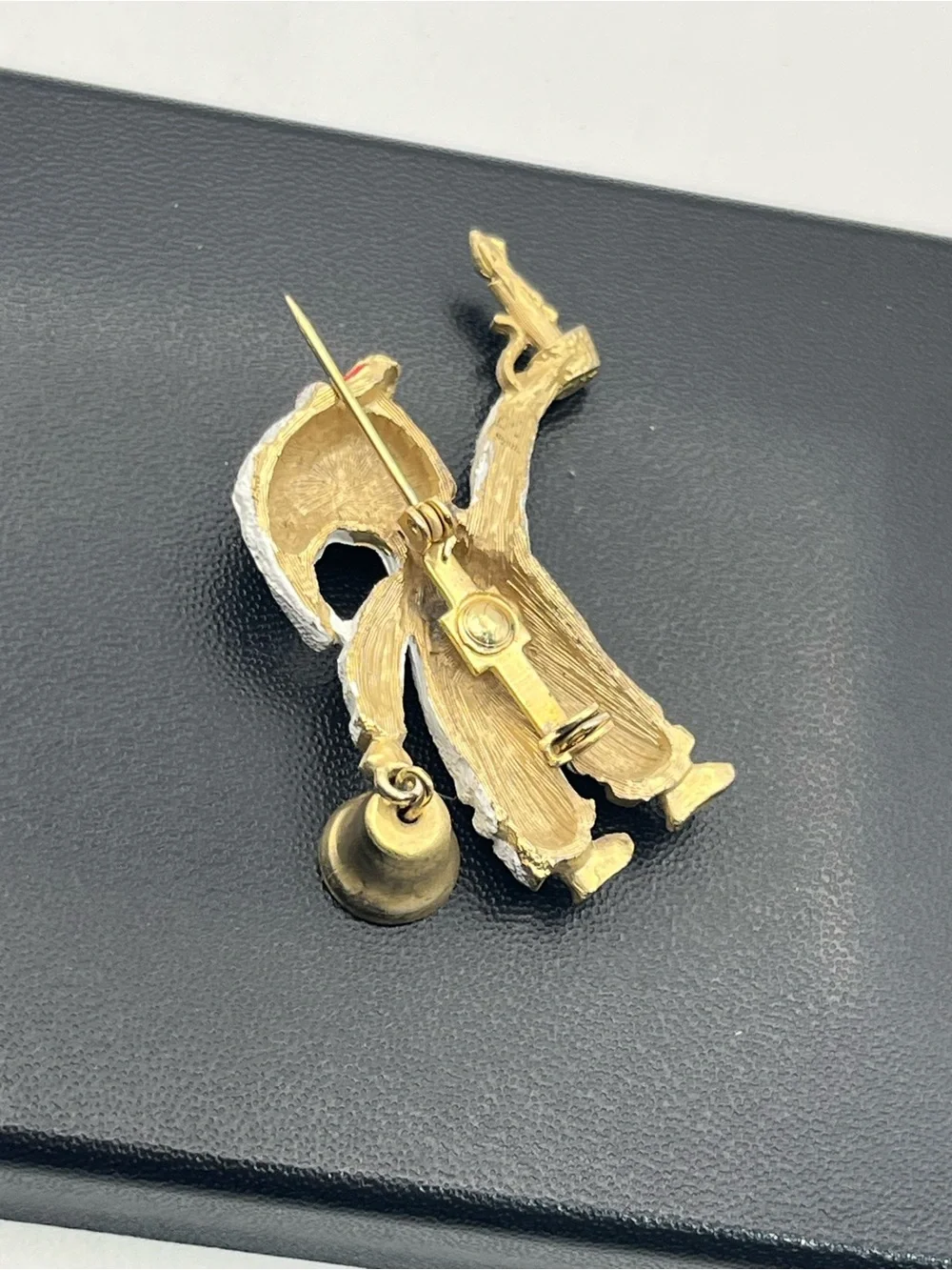 Christmas figural child carrying candle & bell enamel gold tone brooch pin